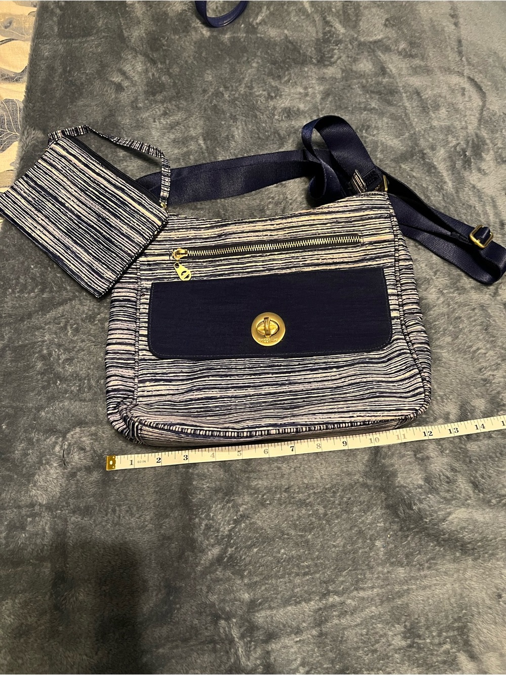 Baggallini Navy and White Striped Crossbody with Gold Turn-Lock